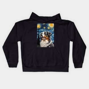 Adorable Australian Shepherd Dog Breed Painting in a Van Gogh Starry Night Art Style Kids Hoodie